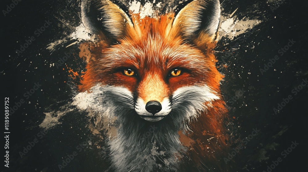 Fototapeta premium Artistic depiction of a fox with vibrant colors and expressive eyes.