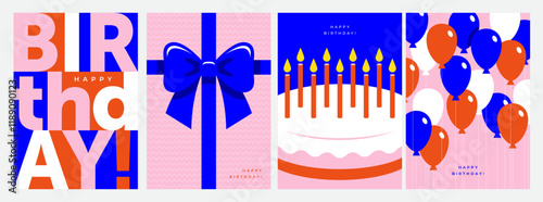 Four Birthday cards or banners set with cake, bow, text and balloons.