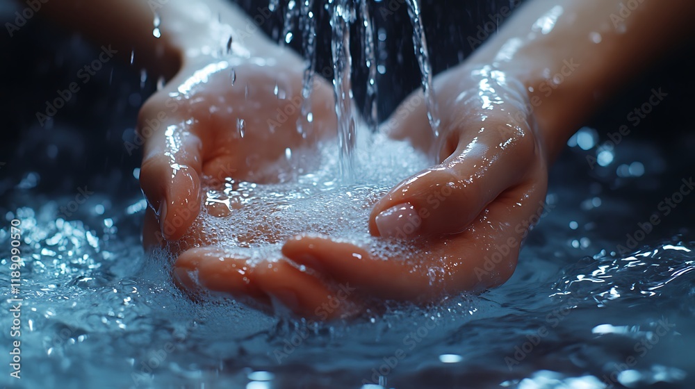 Fototapeta premium Flowing water in hands close-up natural setting serene moment
