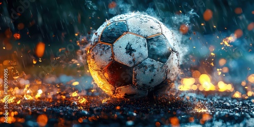 Soccer ball is on the ground with fire around it
