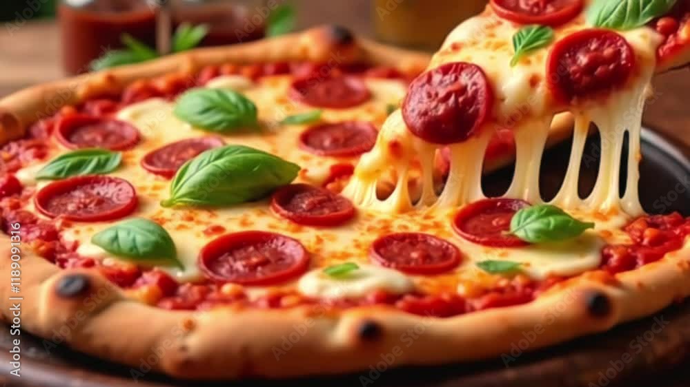 Freshly Baked Pepperoni Pizza with Melted Cheese and Basil Leaves the pizza features a golden-brown crust, rich tomato sauce, and generous pepperoni slices