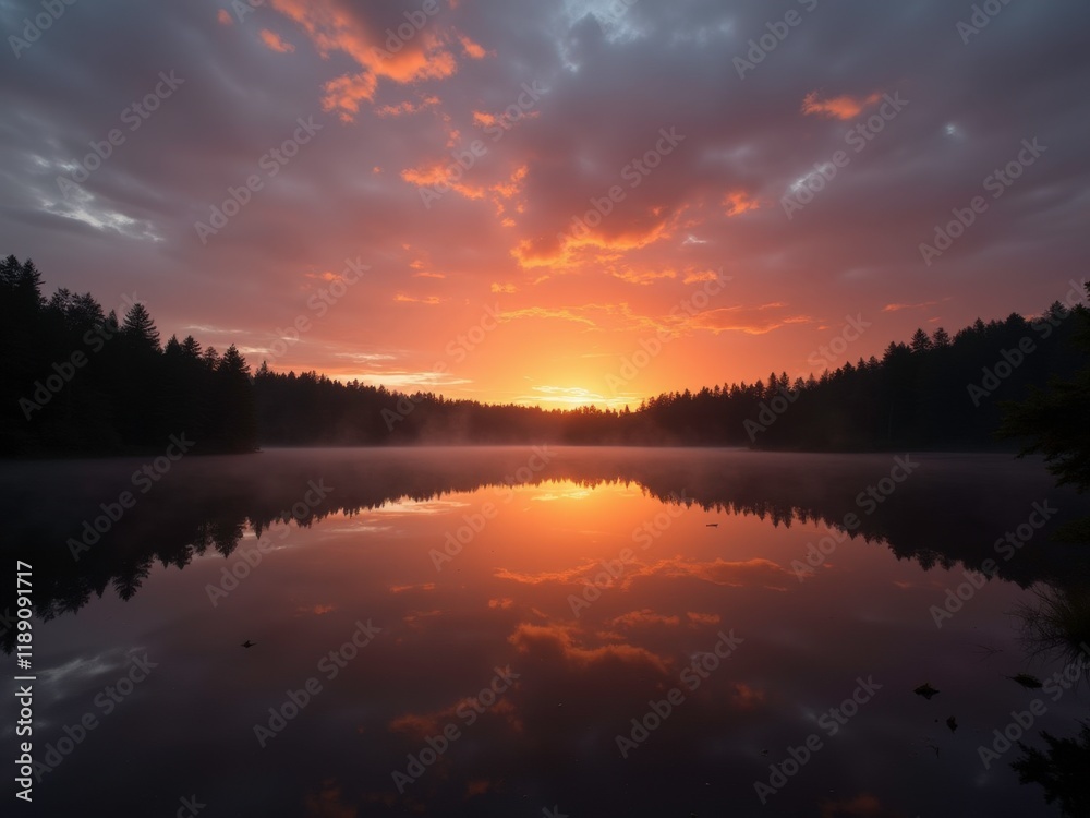 Fototapeta premium A serene sunrise over a calm lake, with vibrant orange and pink hues reflecting on the water. The silhouettes of trees line the shore, creating a peaceful atmosphere