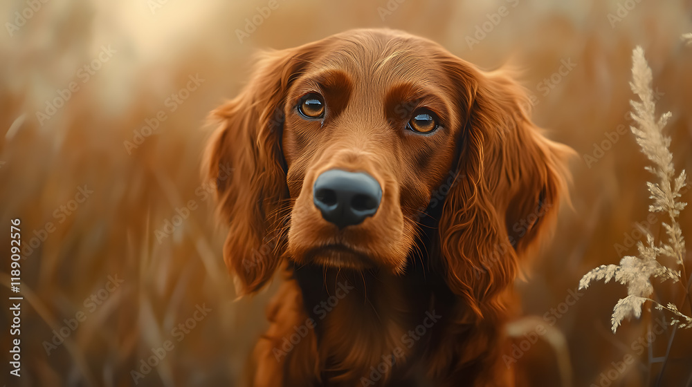 A portrait captures the essence of an adorable Irish Setter. A portrait captures the essence of an adorable Irish Setter.