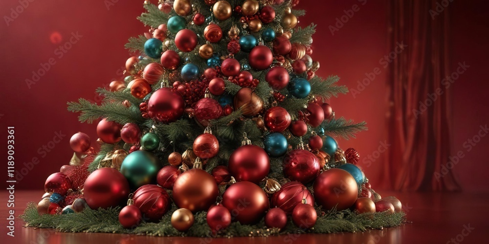 Fototapeta premium A stunning Christmas tree adorned with an array of colorful glass balls and shiny metallic ornaments against a rich red backdrop, ornate details, festive decorations