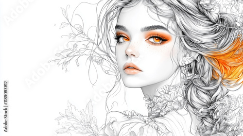 Fantasy woman, fantasy attire, fantasy asthetics, white background, bookline art style.