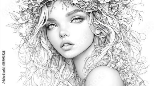 Fantasy woman, fantasy attire, fantasy asthetics, white background, bookline art style.
