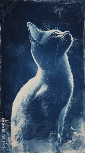 This stunning cyanotype-style kitten image captures a unique blue-toned aesthetic, filled with a vintage artistic vibe. Cyanotype, also known as blue print, is an ancient photographic printing techniq photo