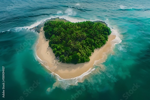 Aerial Drone Shot of a Heart-Shaped Tropical Island Surrounded by Crystal Clear Waters