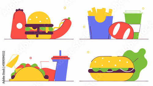 Vibrant, minimalist illustrations depict various fast foods, including burgers, fries, and tacos. Each item is stylized with bold colors and simple shapes.AI