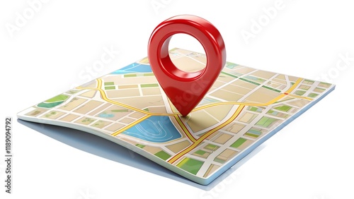 A 3D map with a pin showing a location symbol for navigation and business purposes