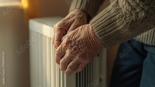 Elderly man s hands resting gently by a radiator, seeking warmth and comfort in a cozy setting photo