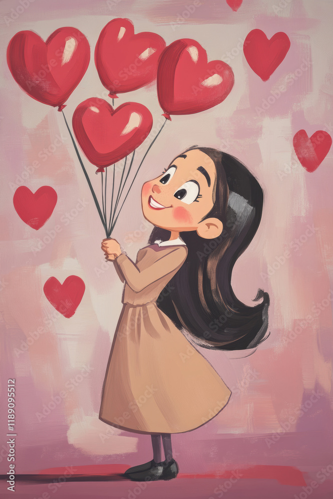 Cute beautiful girl with red heart balloon for Valentine’s Day greeting card design Cute beautiful girl with red heart balloon for Valentine’s Day greeting card design