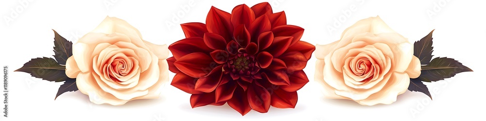Detailed dahlia and two roses, hyper-realistic clipart isolated on a white backdrop, Detailed dahlia and two roses, hyper-realistic clipart isolated on a white backdrop,