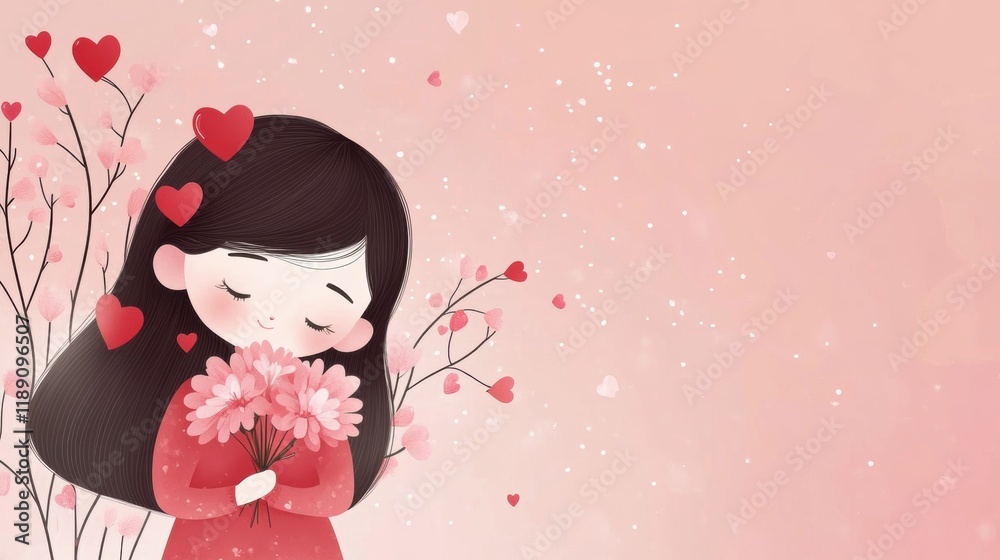 Cute beautiful girl with red heart flower boutique for Valentine’s Day greeting card design Cute beautiful girl with red heart flower boutique for Valentine’s Day greeting card design