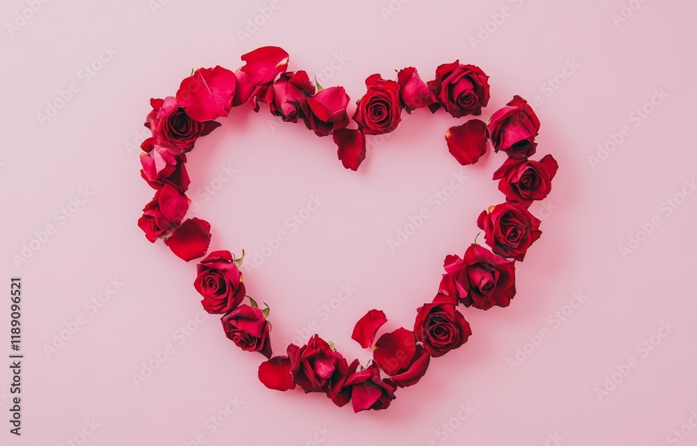 A heart shape made of rose petals on a pink background, symbolizing love and romance for a Valentine's Day A heart shape made of rose petals on a pink background, symbolizing love and romance for a Valentine's Day