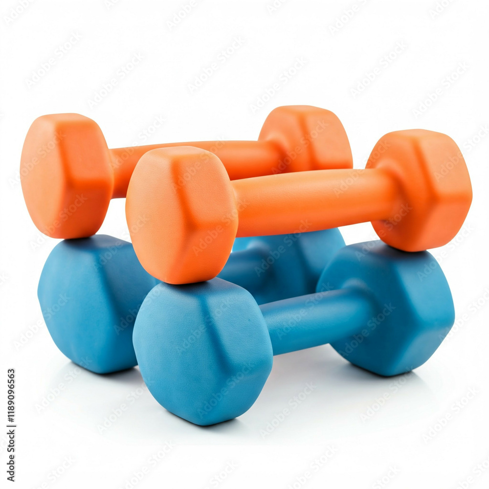 orange and blue dumbbells on a white background fitness equipment workout tools orange and blue dumbbells on a white background fitness equipment workout tools