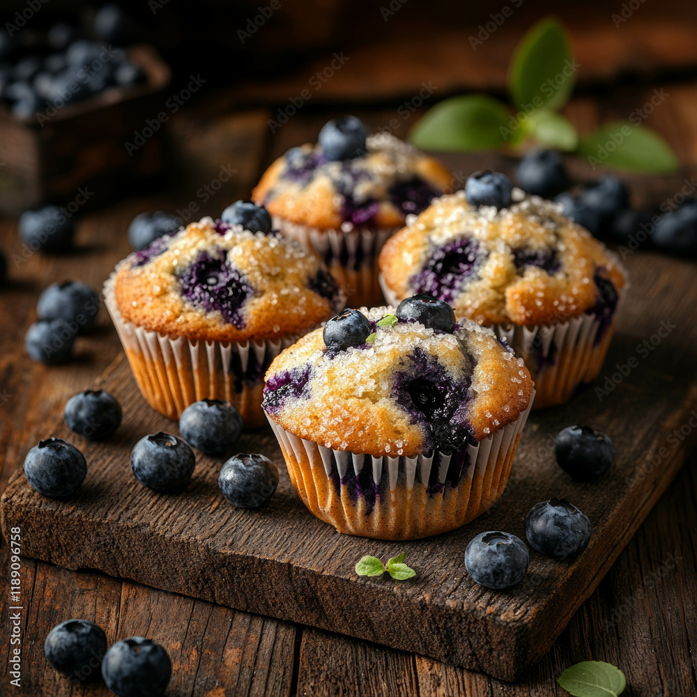 Blueberry muffins on a rustic wooden table, surrounded by scattered blueberries, create a warm and inviting atmosphere Blueberry muffins on a rustic wooden table, surrounded by scattered blueberries, create a warm and inviting atmosphere