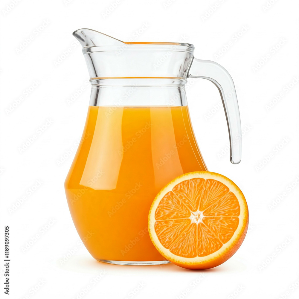 fresh orange juice in glass pitcher with orange slice isolated on white background fresh orange juice in glass pitcher with orange slice isolated on white background