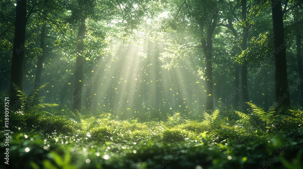 Obraz premium Sunbeams illuminate a lush, green forest floor, dappled sunlight filtering through leaves.