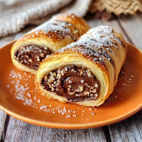 Puff pastry rolls filled with chocolate hazelnut spread, topped with chopped nuts and sugar.