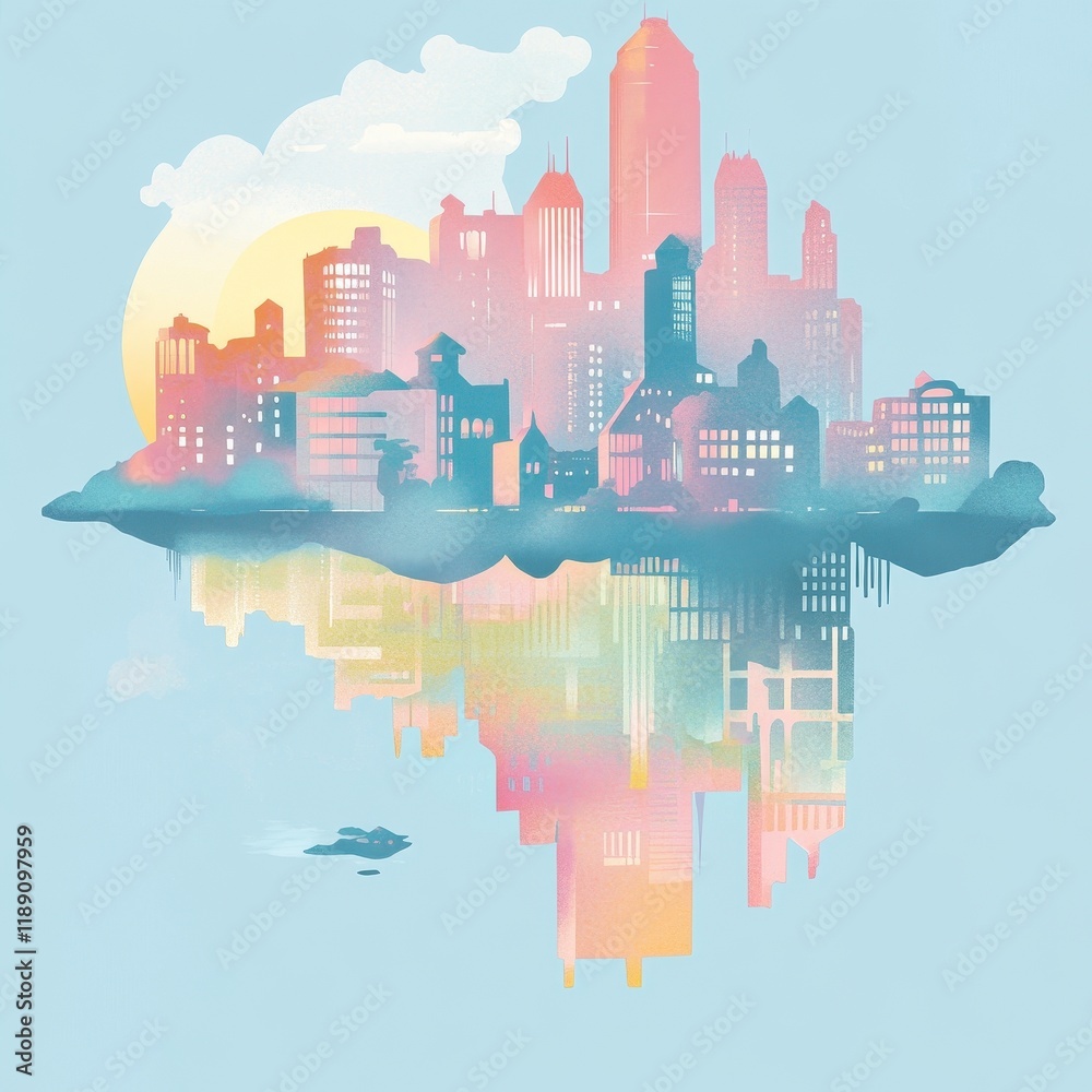 Fototapeta premium A Pastel Cityscape Floating on a Calm Sky