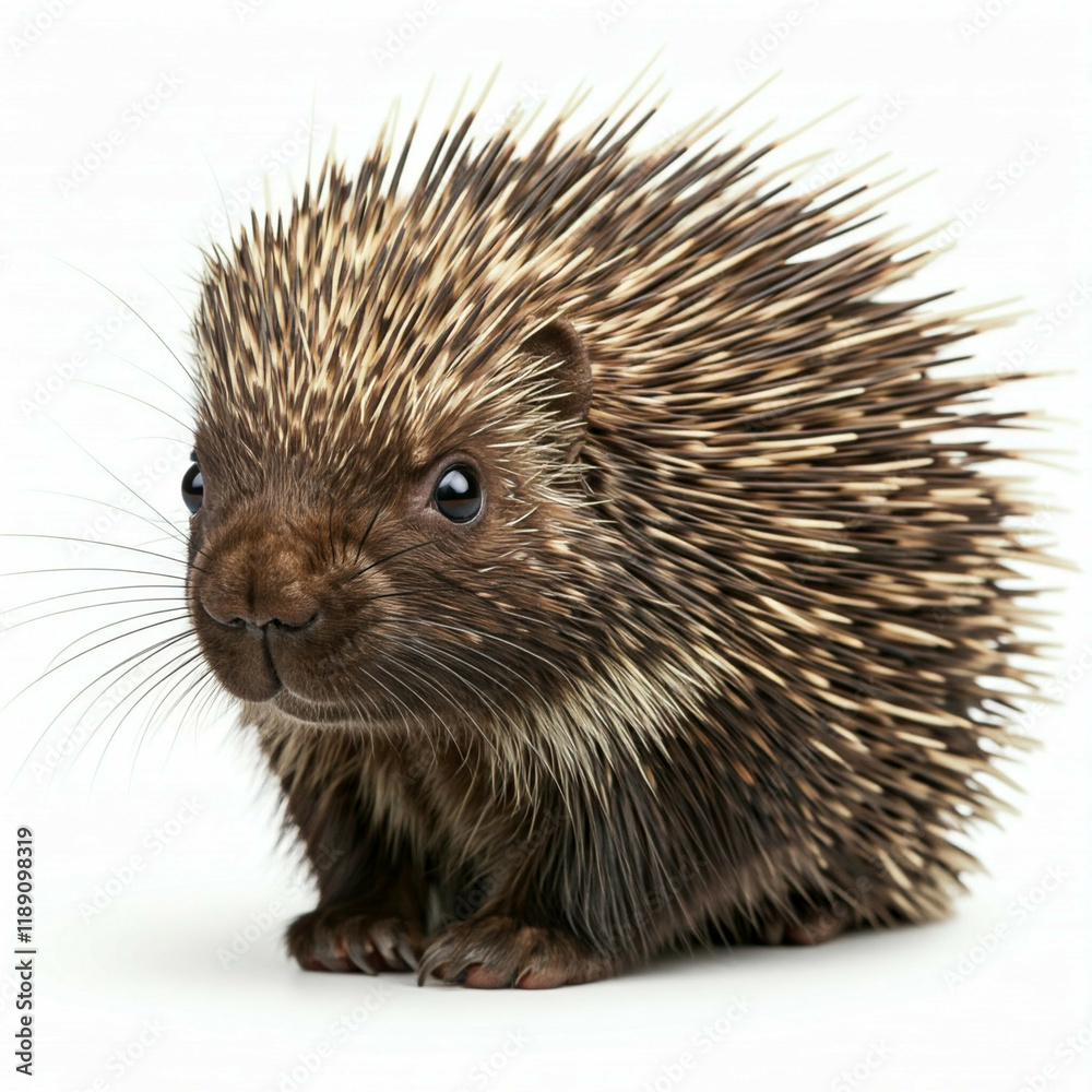 closeup of cute baby porcupine with sharp spikes and big dark eyes looking up isolated on white background closeup of cute baby porcupine with sharp spikes and big dark eyes looking up isolated on white background