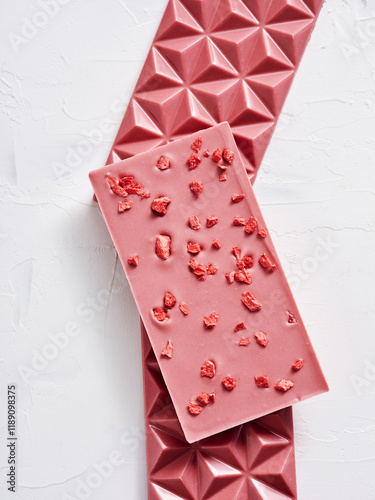 A pink chocolate bar adorned with small crunchy strawberry pieces is elegantly placed on a textured mat, showcasing its vibrant color and inviting look, perfect for confectionery lovers photo