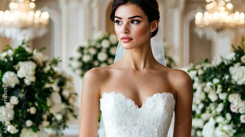 Elegant Caucasian bride in lace gown stands in floral-decorated hall, symbolizing weddings and romance Elegant Caucasian bride in lace gown stands in floral-decorated hall, symbolizing weddings and romance