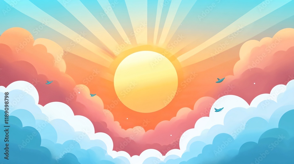 Magical Unicorn in Sunny Sky with Fluffy Clouds Cartoon Illustration