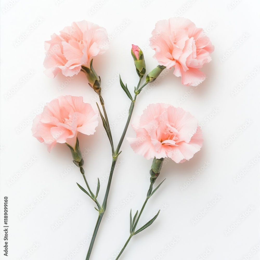 Fototapeta premium four light pink carnations on white background