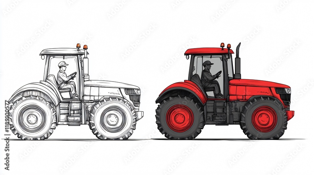 Detailed vector line art of tractor and driver for agricultural purposes Detailed vector line art of tractor and driver for agricultural purposes