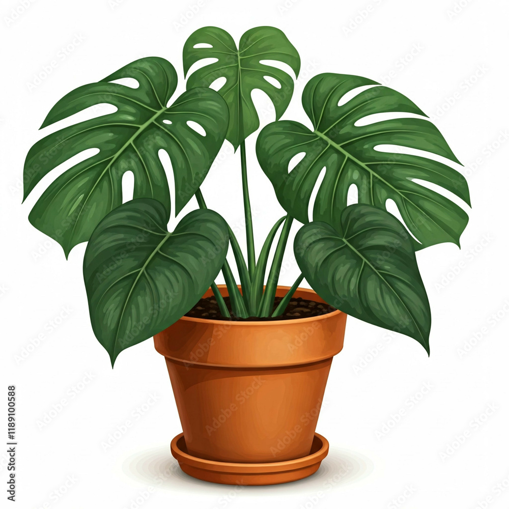 Obraz premium green monstera plant in brown pot on white background illustration