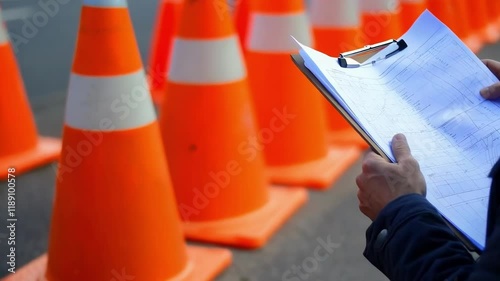 Experienced supervisor meticulously reviewing comprehensive traffic management plan near strategically placed orange safety cones at active construction site