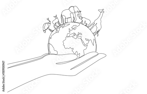 Continuous one line drawing of two hands holding globe with various animals, environmental care, protection of wild animals concept, single line art