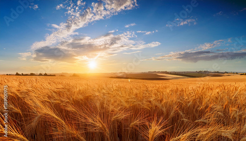 golden wheat field at sunset under a blue sky portraying the beauty of rural agriculture amidst a serene summer landscape photo