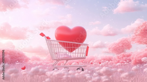sweet and romantic scene with a shopping cart holding a red heart, all set against a gentle pink background.