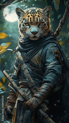 Illustration - Ocelot Warrior Fantasy Character, Jungle Swordsman, Moonlit Combat Scene
