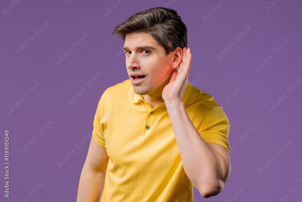 Curious 30s handsome man doesn't hear,asking what.Quiet sound,deaf,misunderstand Curious 30s handsome man doesn't hear,asking what.Quiet sound,deaf,misunderstand