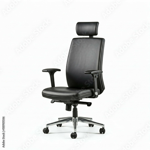 black leather office chair with adjustable height and headrest on white background photo