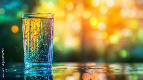 Sparkling water glass, outdoor bokeh