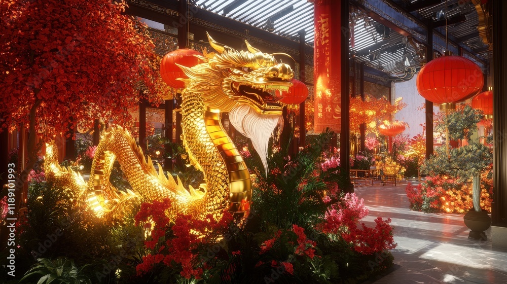 AI-generated festive decorations for a Chinese New Year event, featuring golden dragon sculptures, red lanterns, and intricate floral patterns AI-generated festive decorations for a Chinese New Year event, featuring golden dragon sculptures, red lanterns, and intricate floral patterns