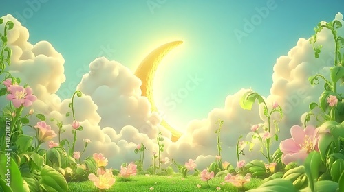 Golden Crescent Moon Over Dreamlike Flower Garden