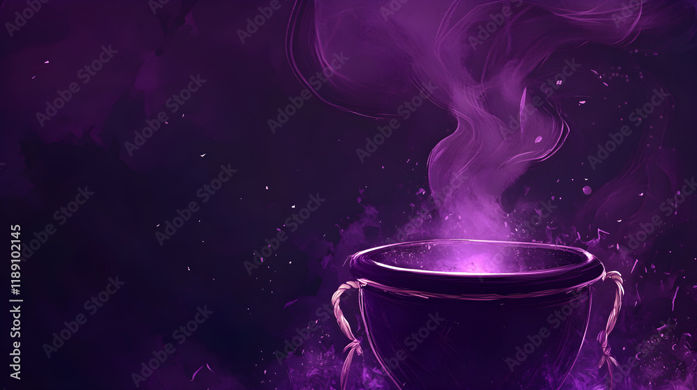 Dark purple background with a strange pot with smoke gives a mysterious and scary feeling. Dark purple background with a strange pot with smoke gives a mysterious and scary feeling.