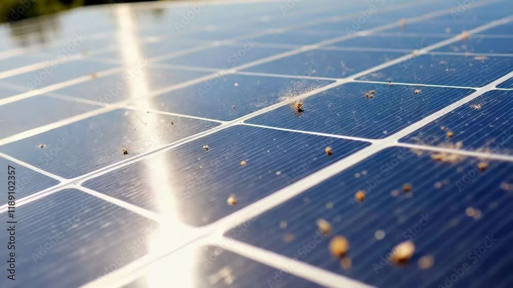 Sunlight casting reflection on dusty solar panel surface, revealing performance degradation and importance of regular maintenance for maximizing renewable energy generation efficiency
