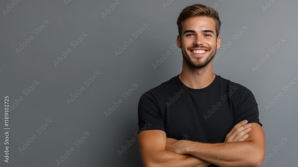 Portrait of a cheerful young man with folded arms, smiling against a gray background Portrait of a cheerful young man with folded arms, smiling against a gray background