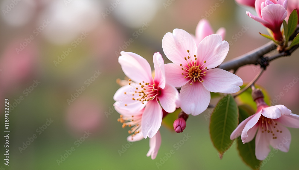 Delicate pink cherry blossoms with green leaves on branches in soft light
Delicate pink cherry blossoms with green leaves on branches in soft light