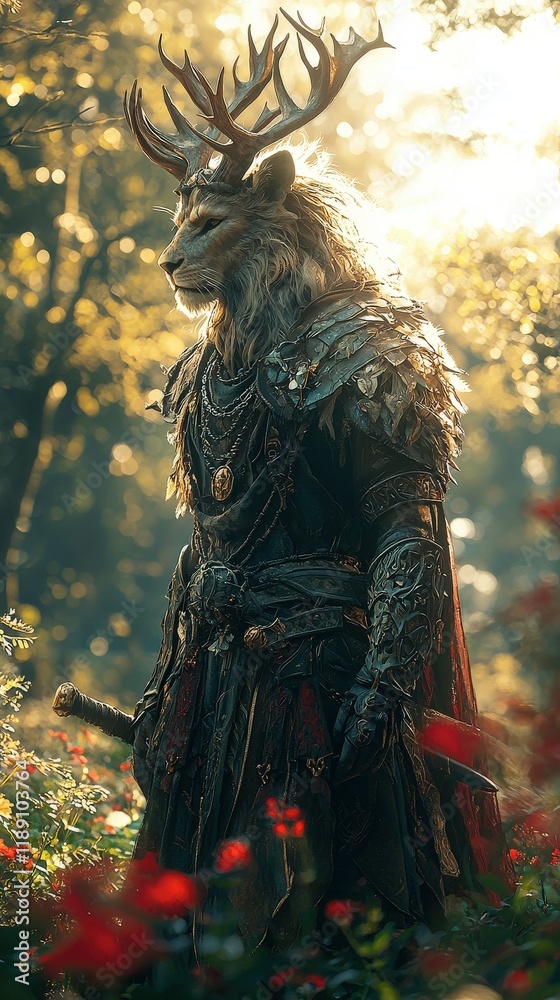 Fototapeta premium Illustration Majestic Lion Fantasy Warrior Antlers, Armor, Sword, Forest