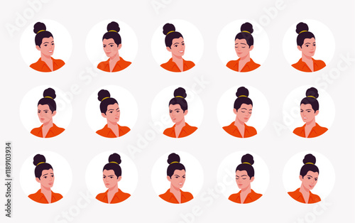 Beautiful modern businesswoman, brunette top knot female avatar portrait set, lady leader, manager bundle. Feelings, face emotion icons, player character mood, user pic circles. Vector illustration