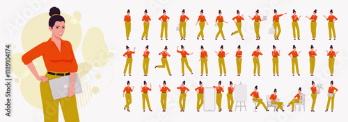 Beautiful modern businesswoman character set, busy office workday life poses bundle. Business lady, active attractive female day routine at workspace, corporate company lifestyle. Vector illustration