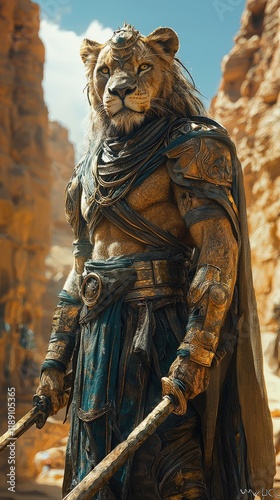 Illustration of Majestic Lion Warrior, Desert, Swords, Armor, Crown